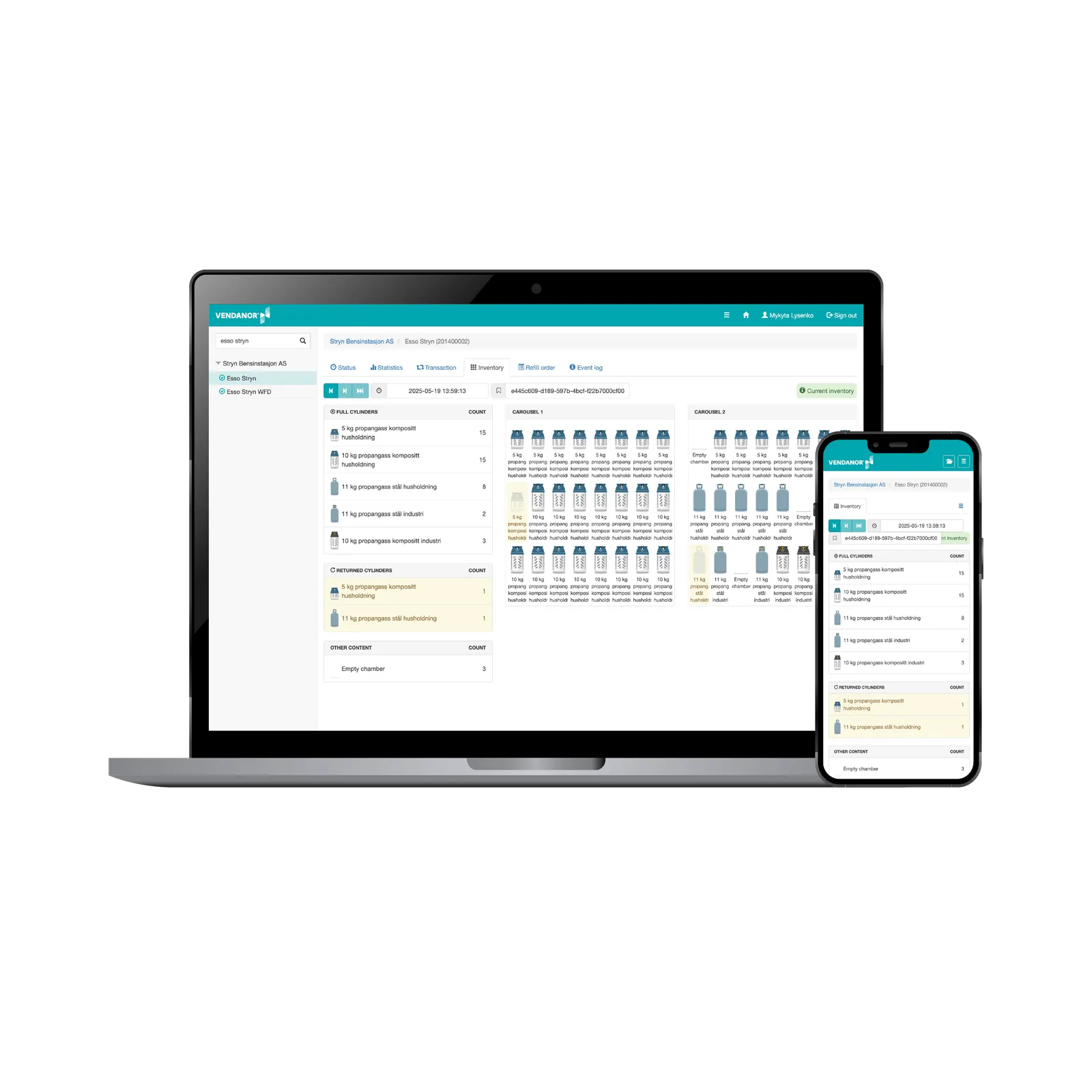 Vendanor Connect-Bestands-Dashboard mit Propanflaschen-Lagerbestand auf einem Laptop und einem Smartphone.