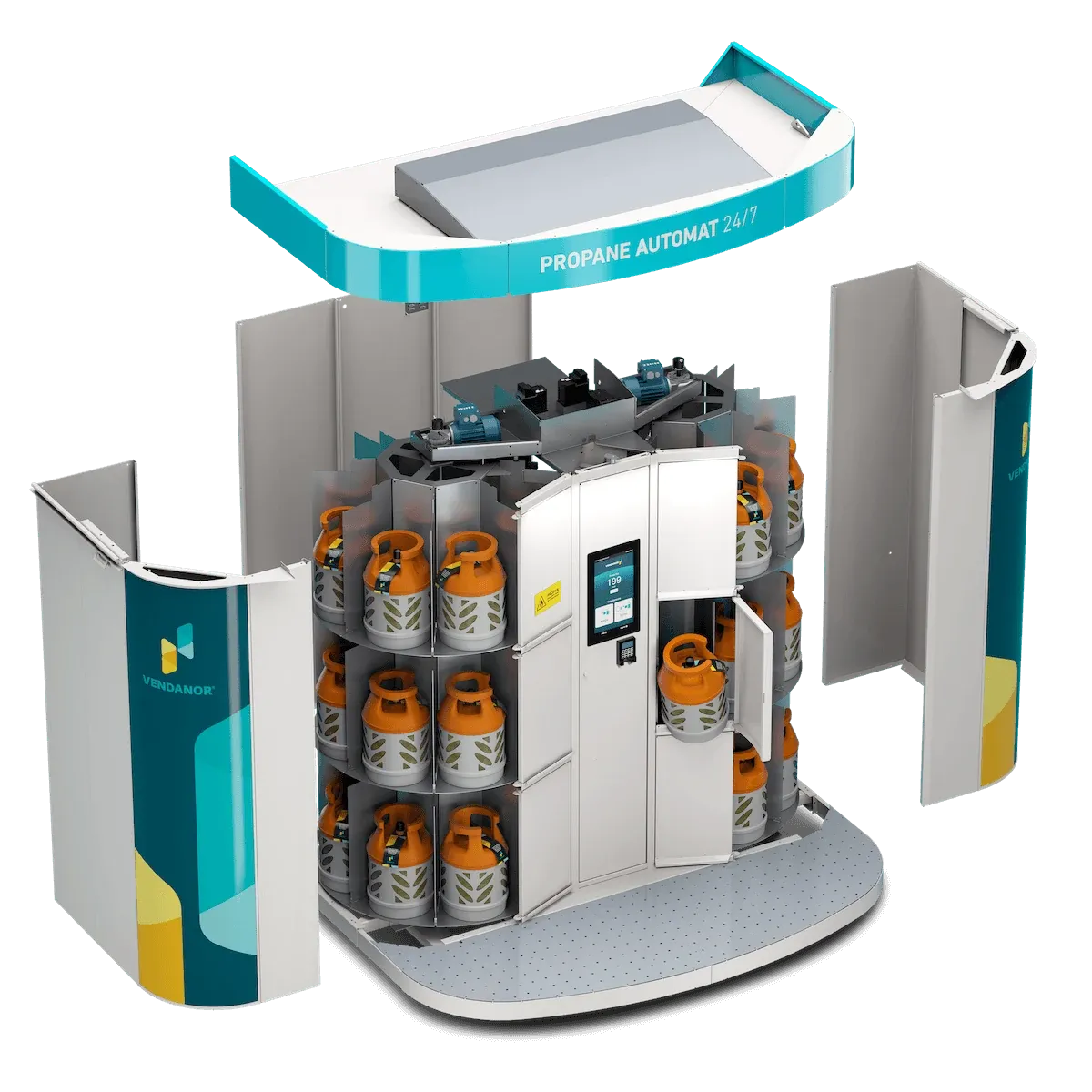 Explosionsdarstellung in 3D eines Vendanor Gasflaschenautomaten mit dem rotierenden Karussell voller Propangasflaschen.