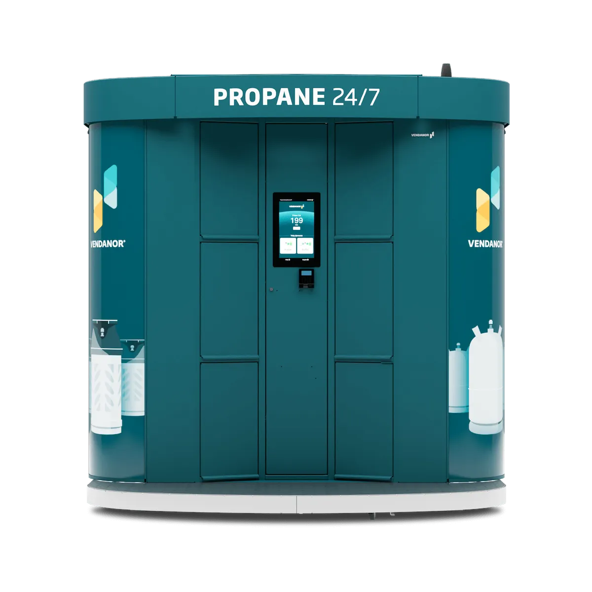 Frontansicht eines petrolfarbenen Vendanor Gasflaschenautomaten mit der Aufschrift Propane 24/7.