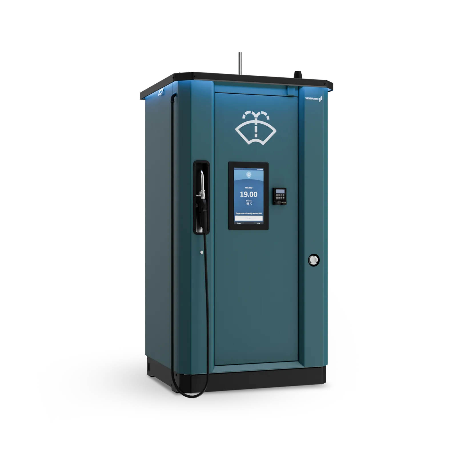Front view of a teal Vendanor Compact 650 Washer Fluid Dispenser with touchscreen and nozzle.