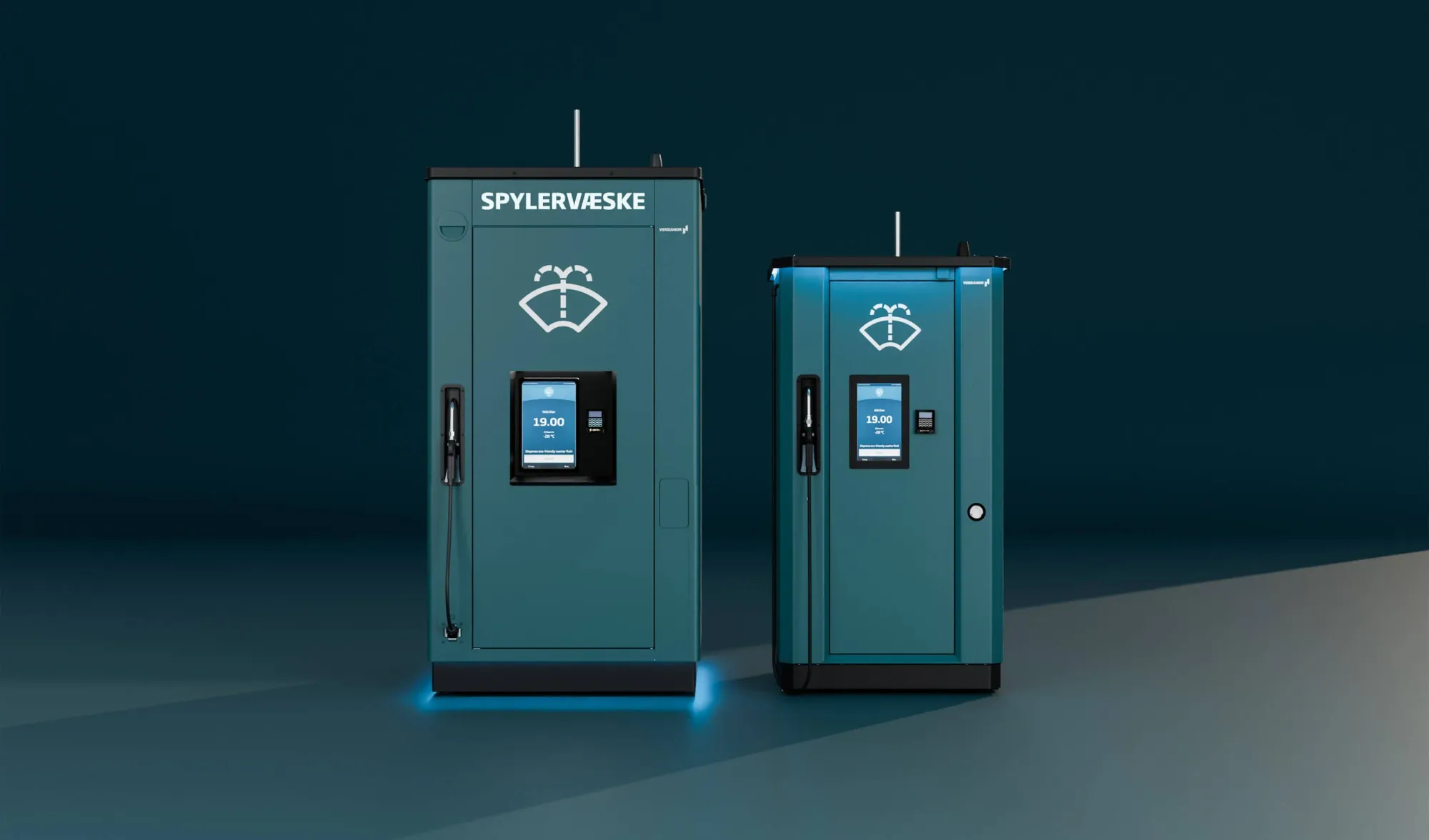 Two Vendanor Washer Fluid Dispensers labelled Spylervæske, a larger and a smaller model with lit price displays, against a dark blue backdrop.